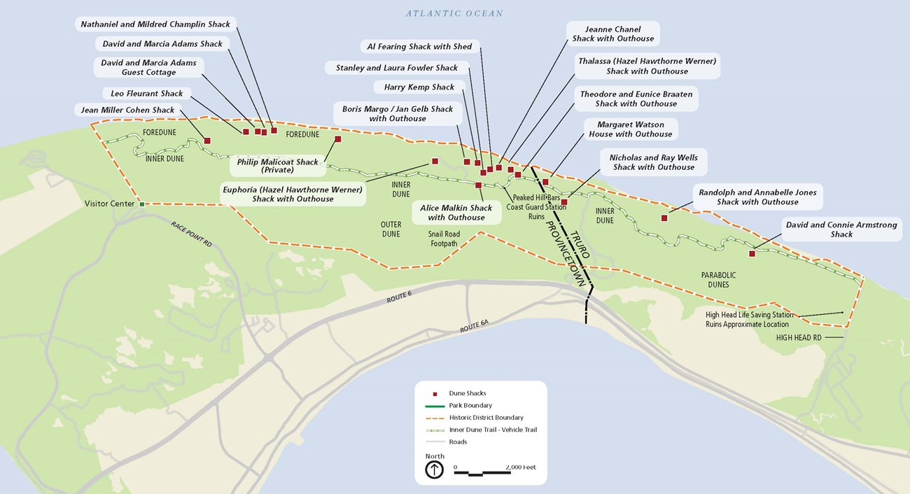 Map of the boundaries of the Dune Shacks of Peaked Hill Bars Historic District. Blue to mark ocean, green to mark land, red dots to mark houses which are labeled by name.
